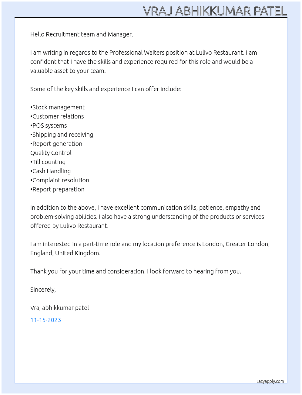 Professional Waiters At Lulivo Restaurant Cover Letter