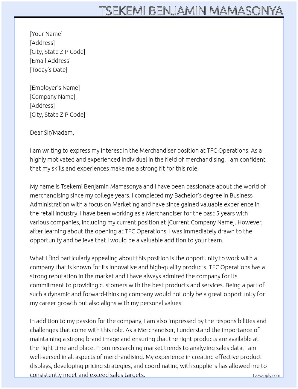 Merchandiser  At TFC Operations Cover Letter