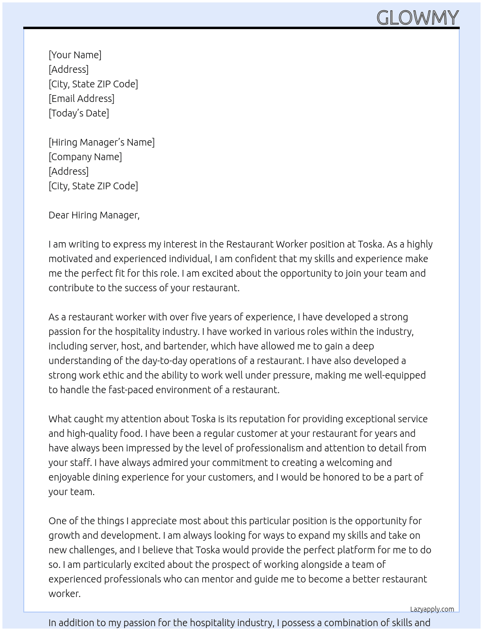 Restaurant worker At toska Cover Letter