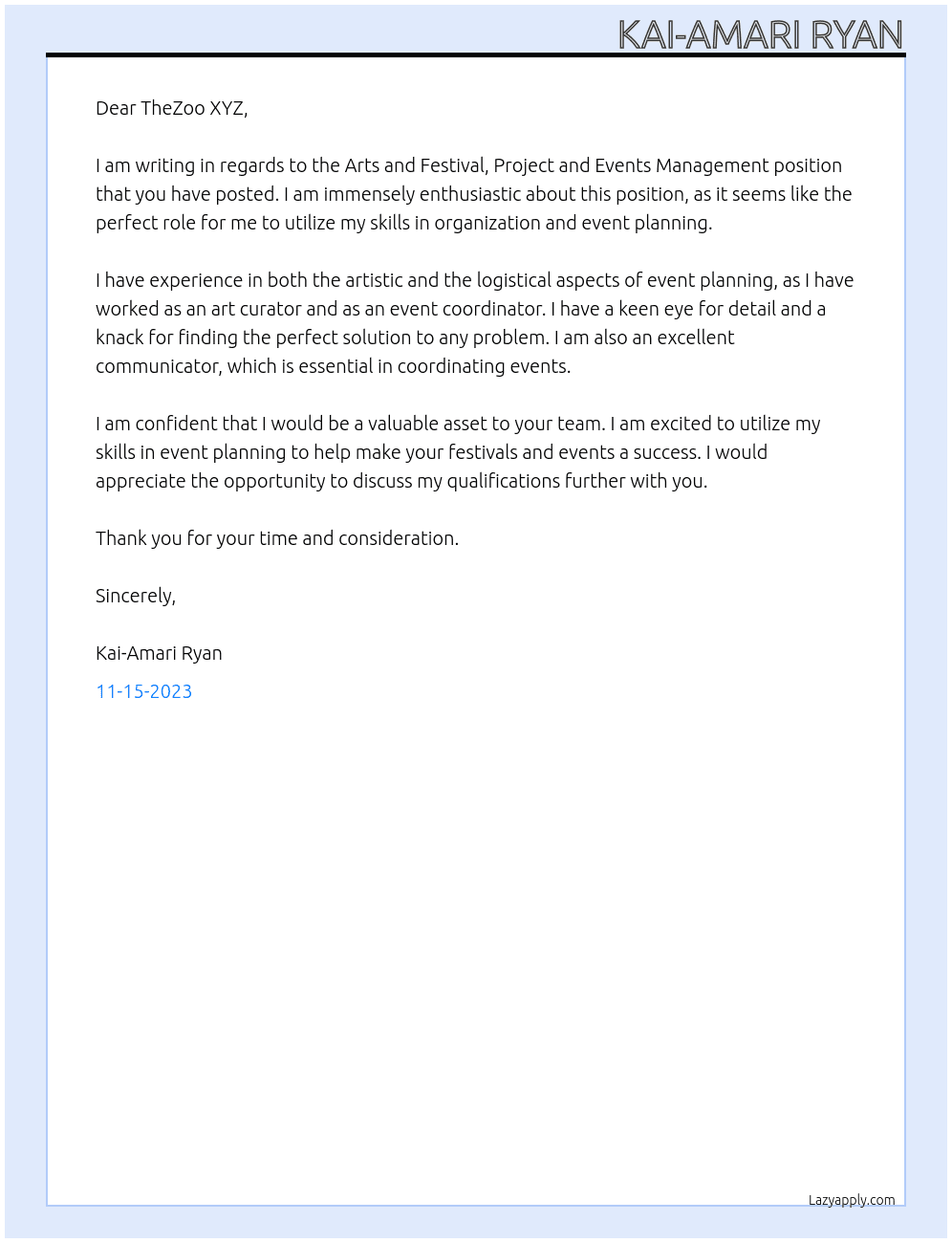 Arts and Festival, Project and Events Management  At TheZoo XYZ Cover Letter