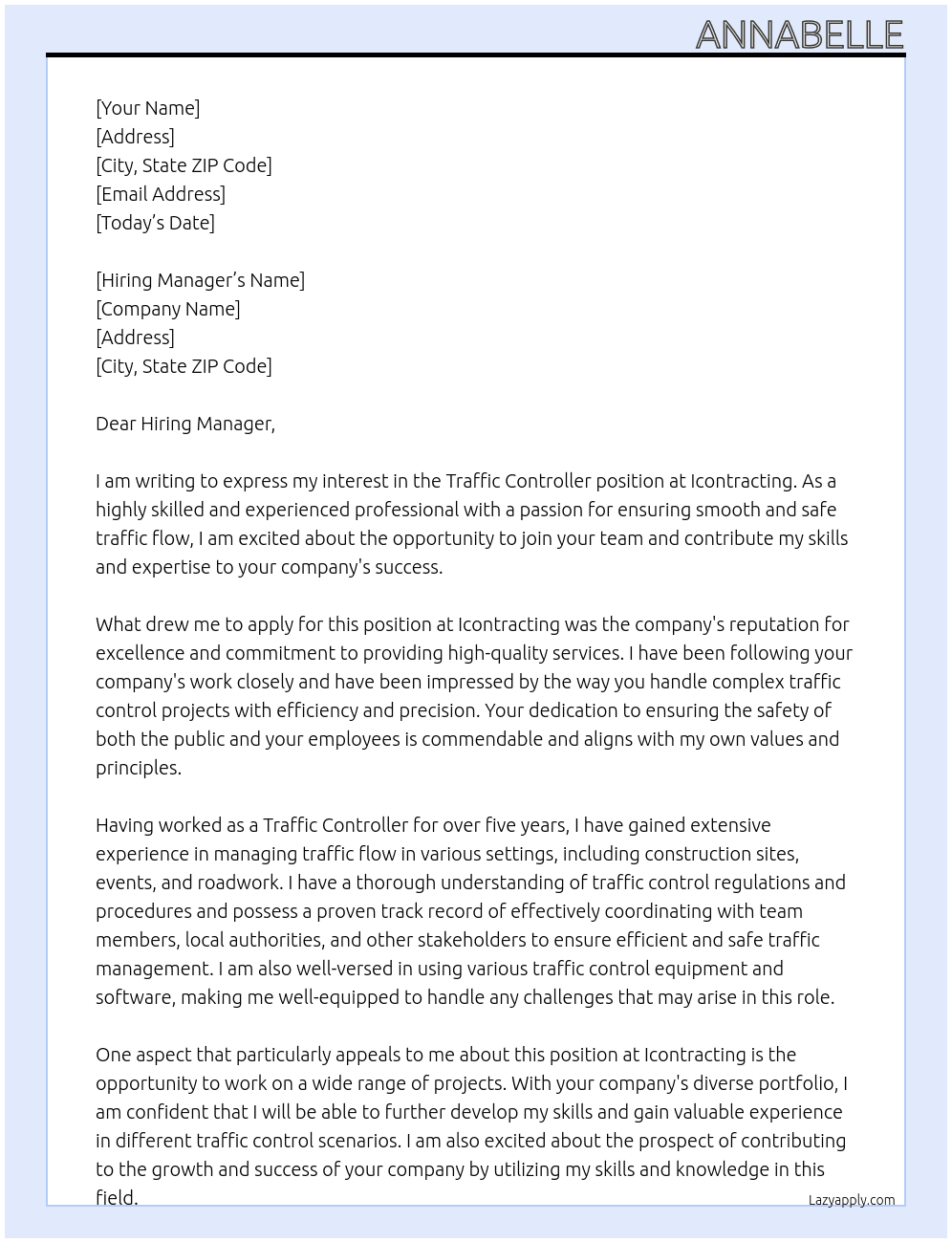 traffic controller At Icontracting Cover Letter