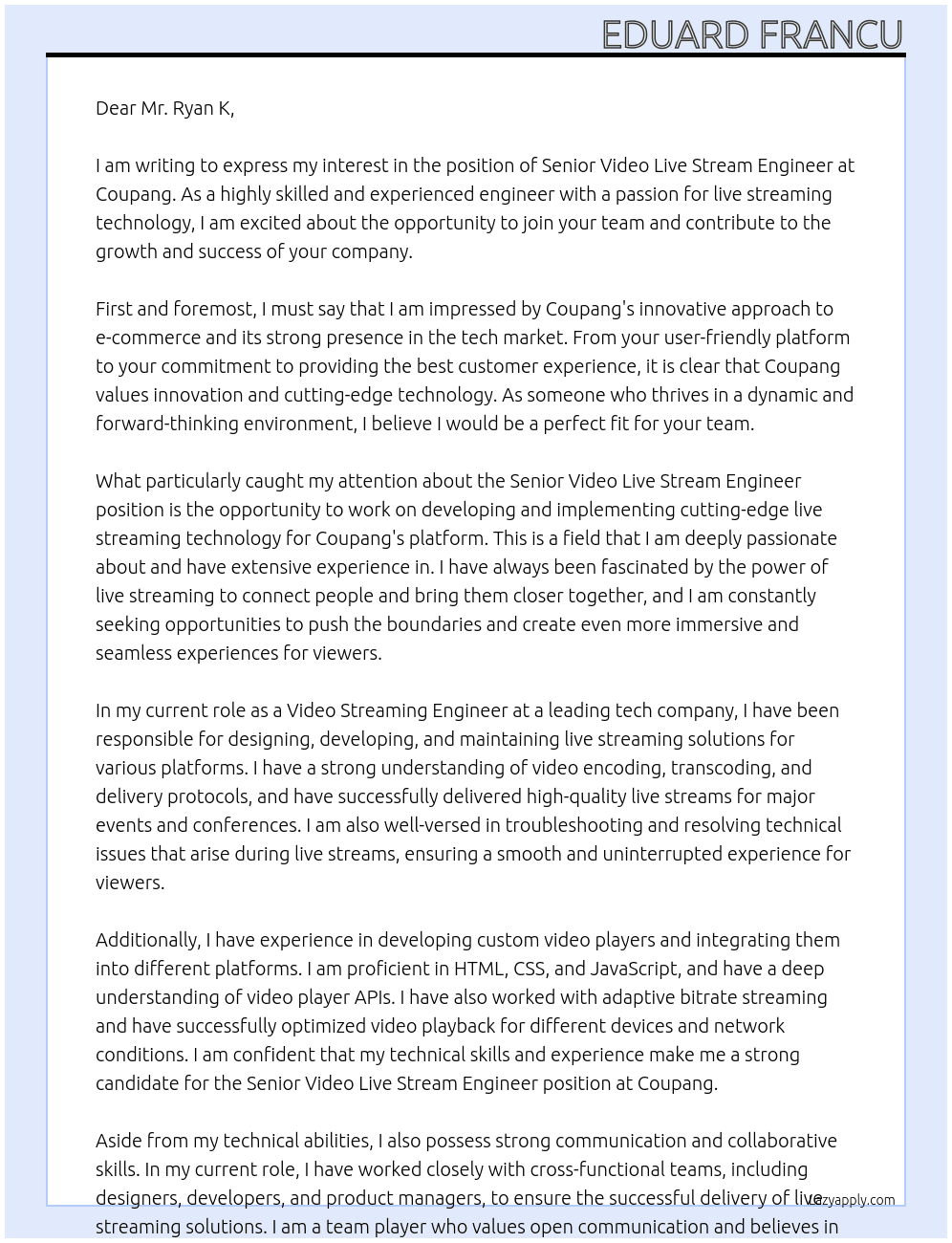  Senior Video Live Stream Engineer At Coupang Cover Letter