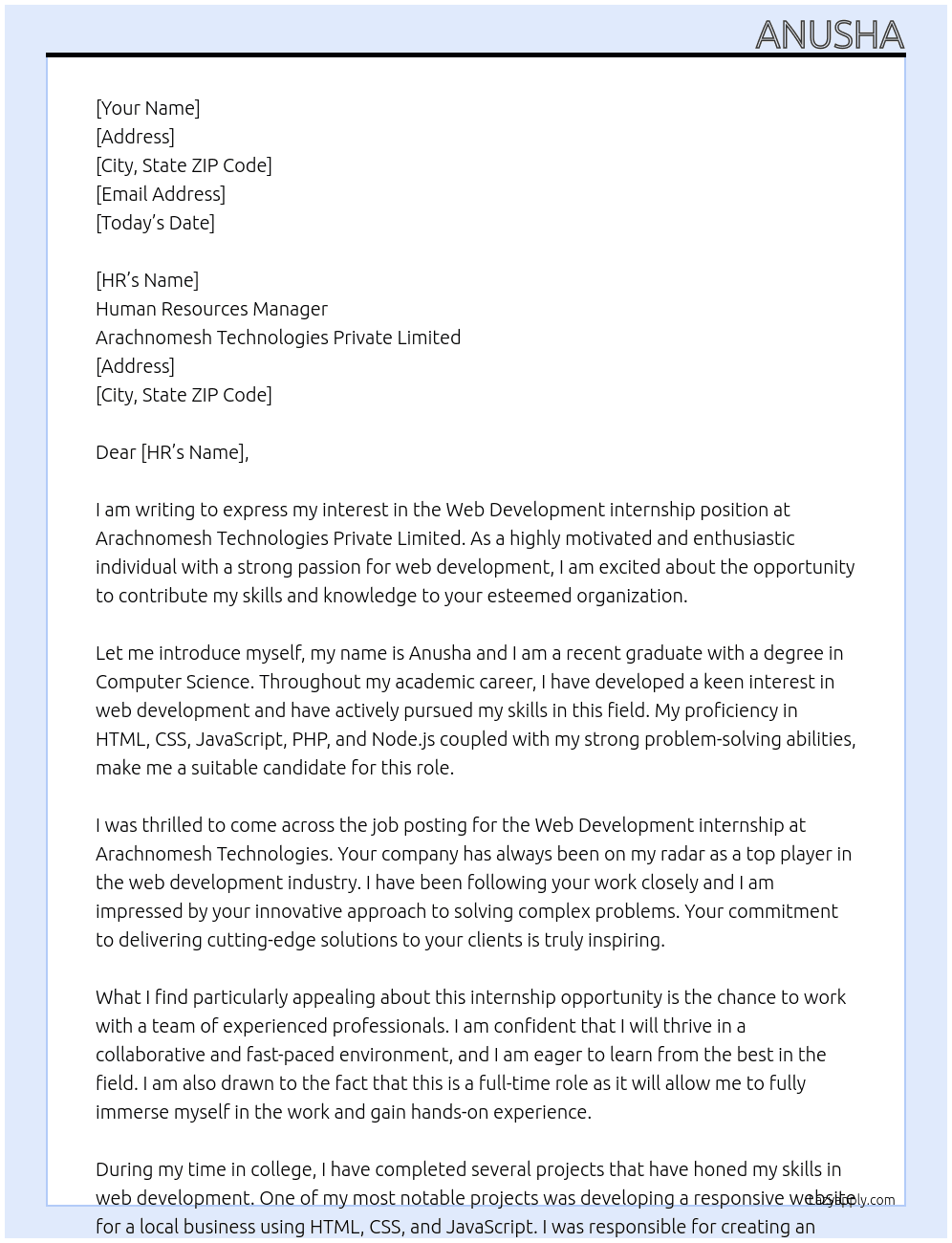 Web Development internship At Arachnomesh Technologies Private Limited  Cover Letter
