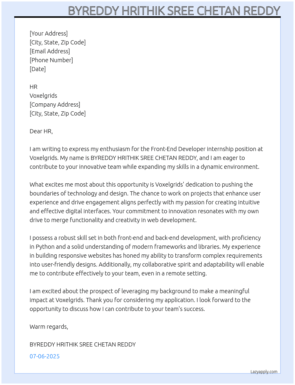 Cover letter for front-end-developer - LazyApply