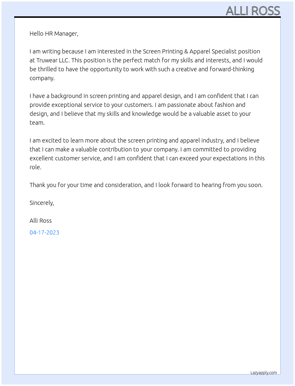 Screen Printing & Apparel Specialist At Truwear LLC Cover Letter