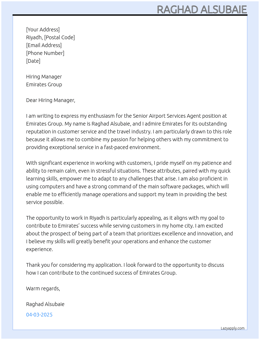 Senior Airport Services Agent At emirates group Cover Letter