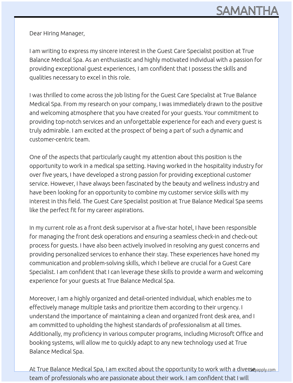 Guest Care Specialist  At True Balance Medical Spa Cover Letter