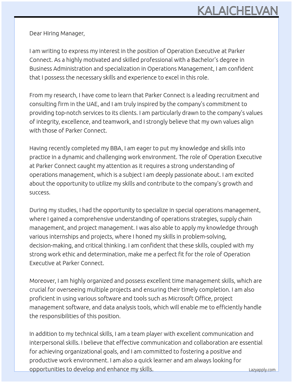 Operation Executive  At Parker connect  Cover Letter
