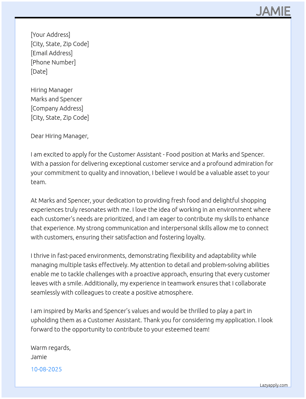 Customer Assistant - Food At Marks and Spencer  Cover Letter