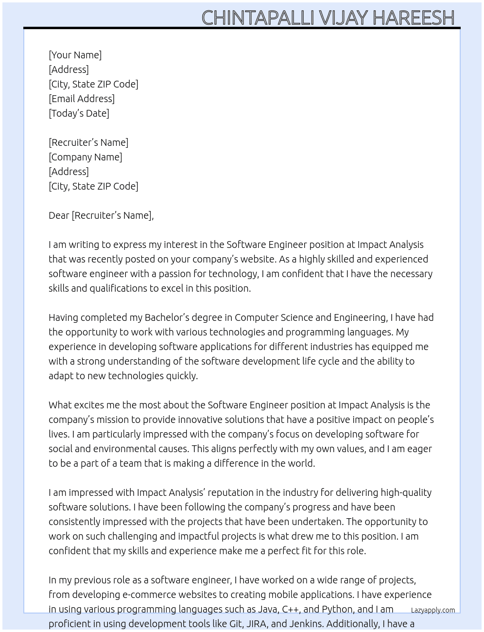 Software engineer  At Imapct Analysis  Cover Letter