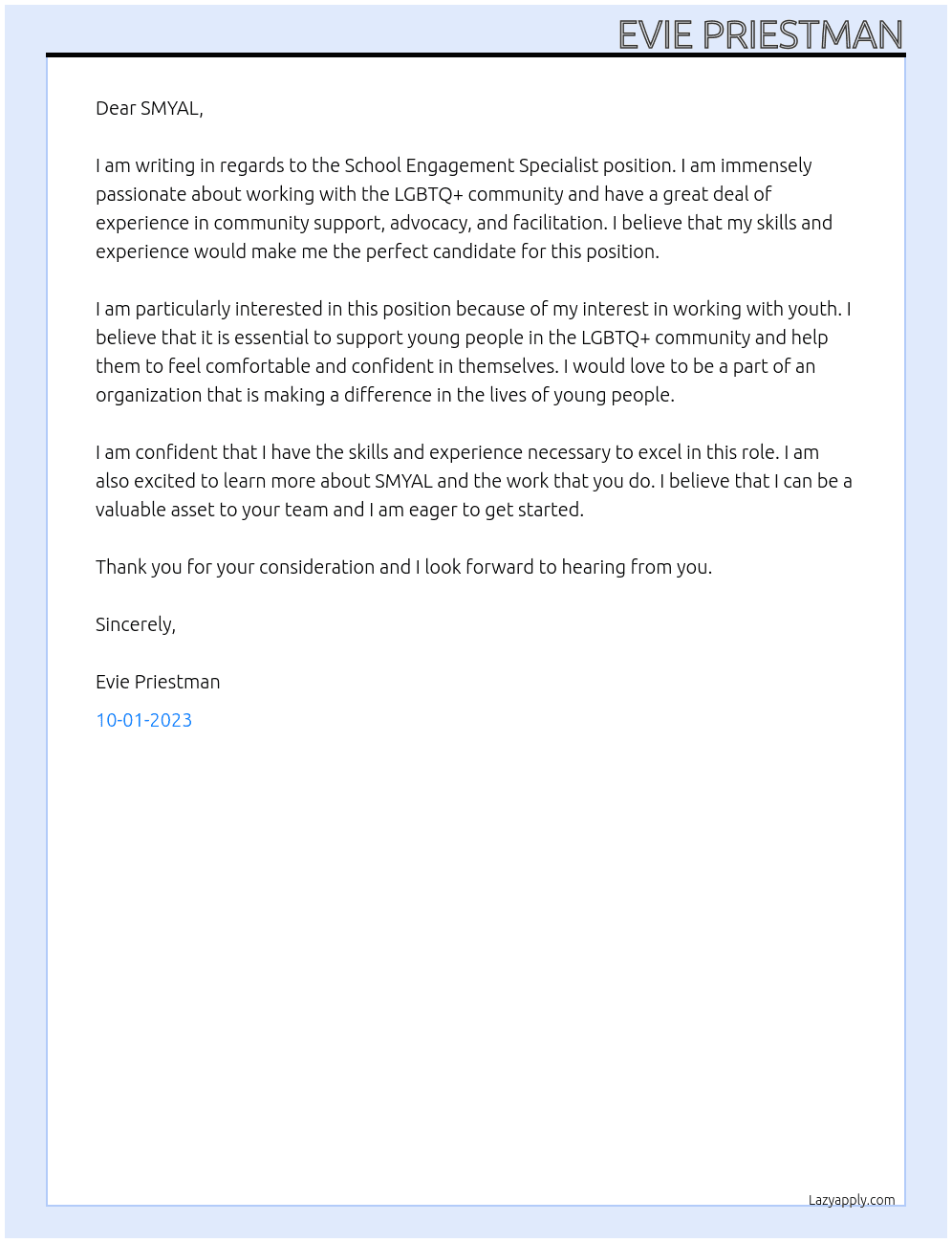School Engagement Specialist At SMYAL Cover Letter