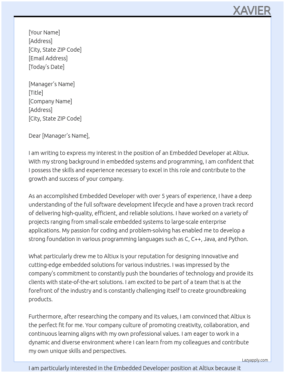 embedded developer At altiux Cover Letter
