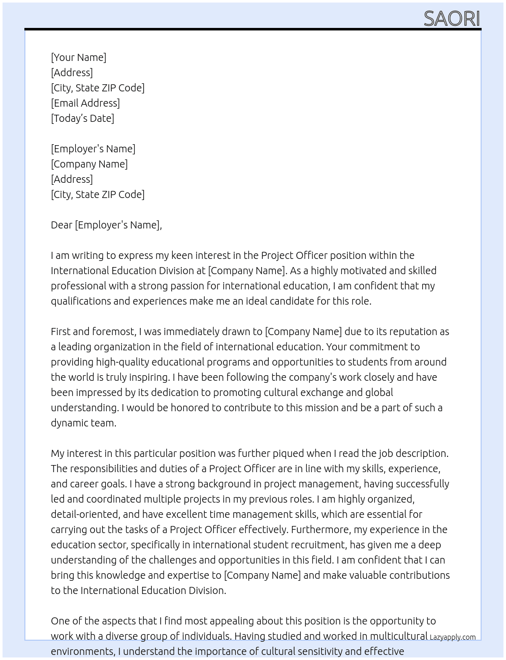 Project Officer, International Education Division At de Cover Letter