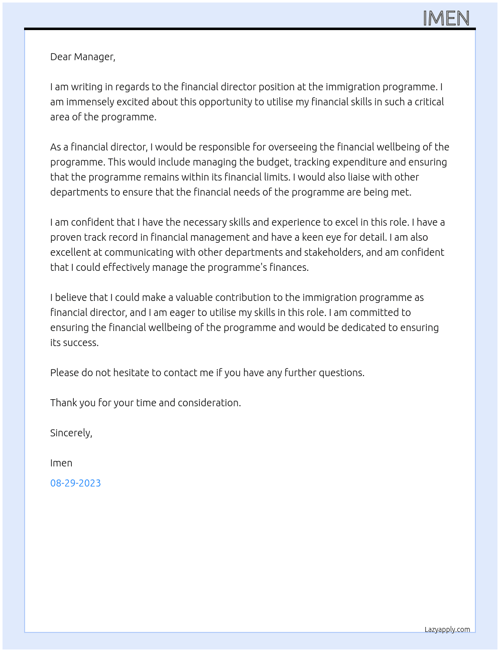 financal director  At immigration programme Cover Letter