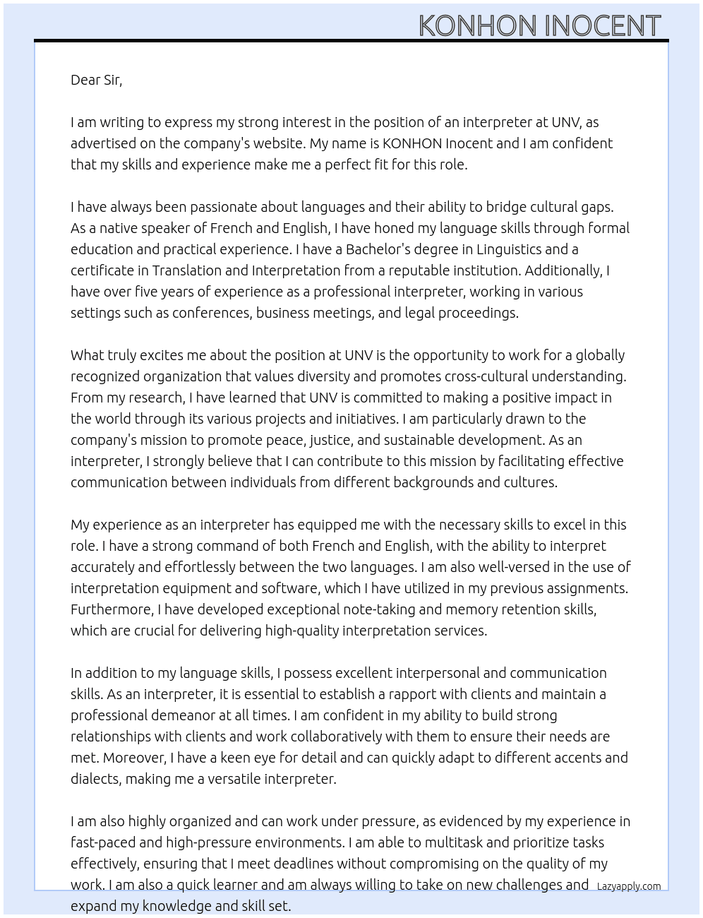 interpreter  At UNV Cover Letter
