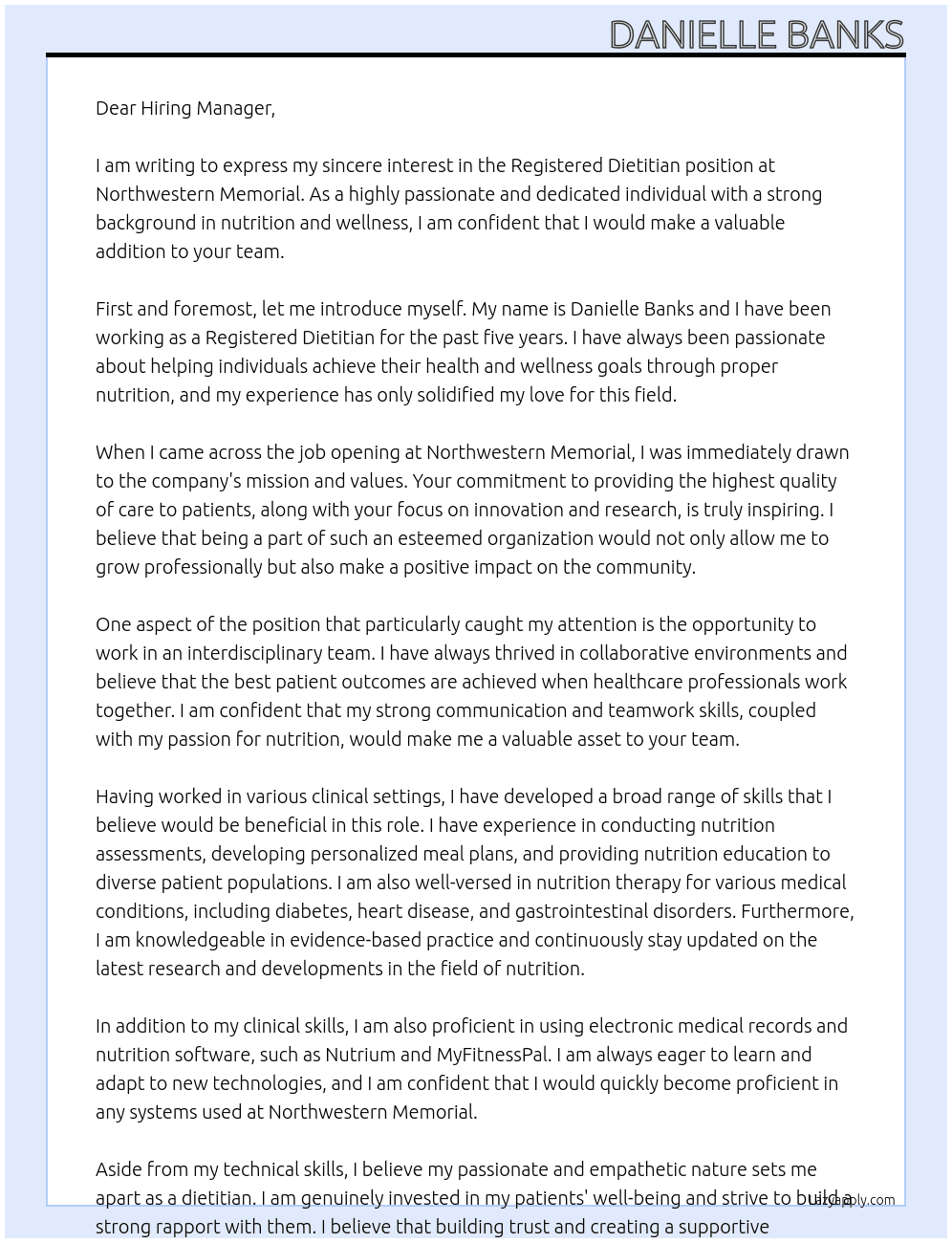 Registered Dietetian At Northwestern Memorial Cover Letter