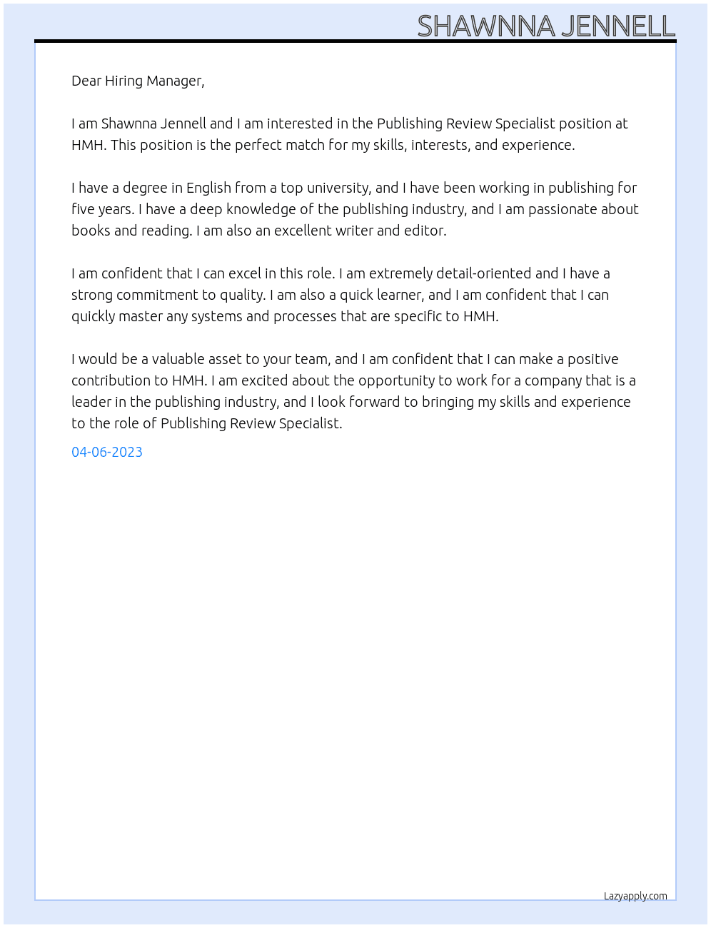 Publishing Review Specialist  At HMH Cover Letter