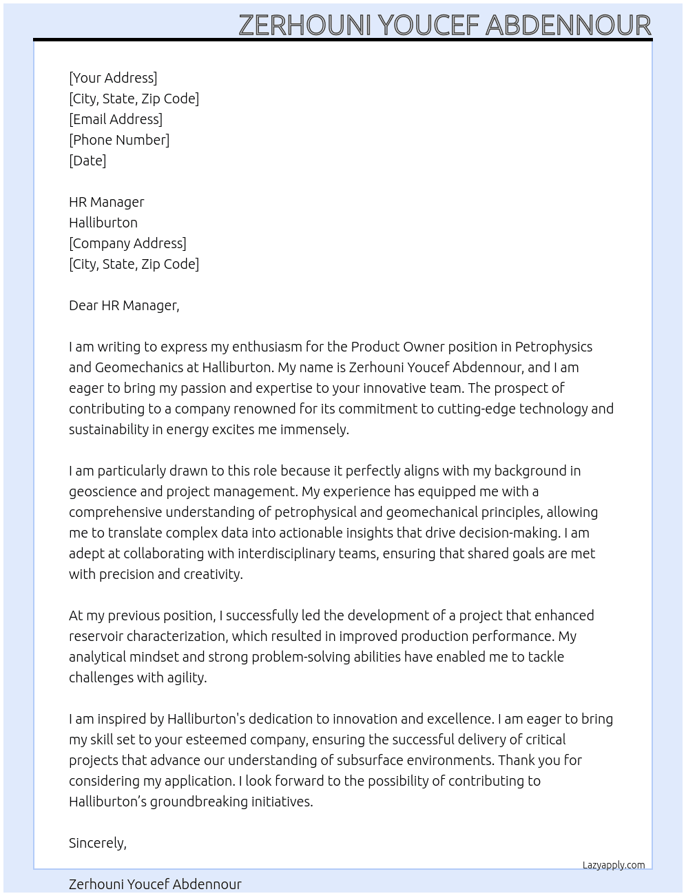 Cover letter for product owner- petrophysics and geomechanics - LazyApply