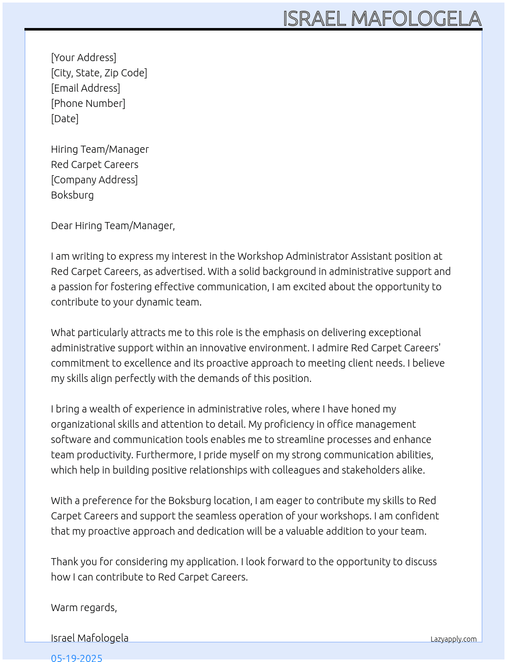 Workshop Administrator Assistant At Red Carpet Carrears Cover Letter