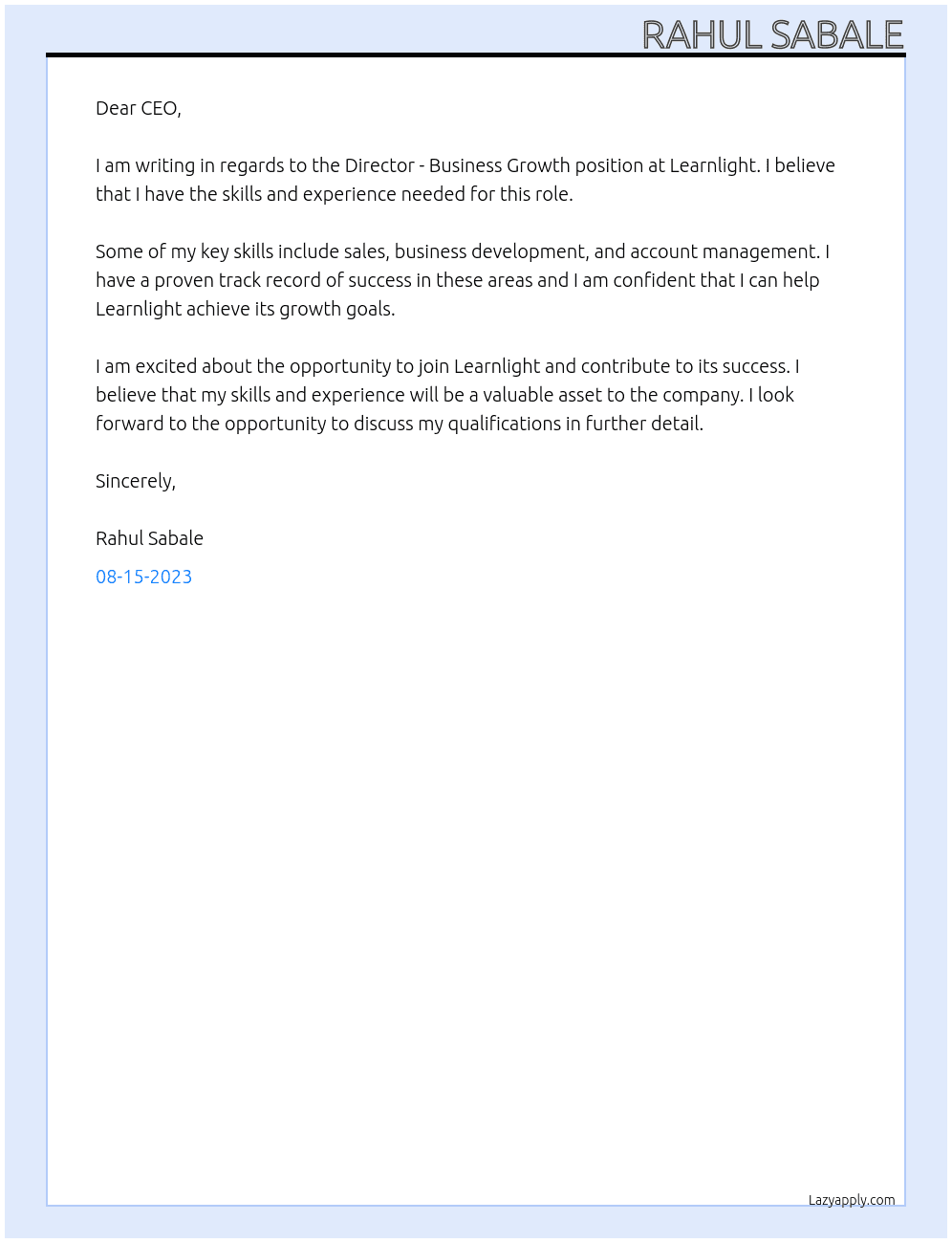 Director - Business Growth At Learnlight  Cover Letter