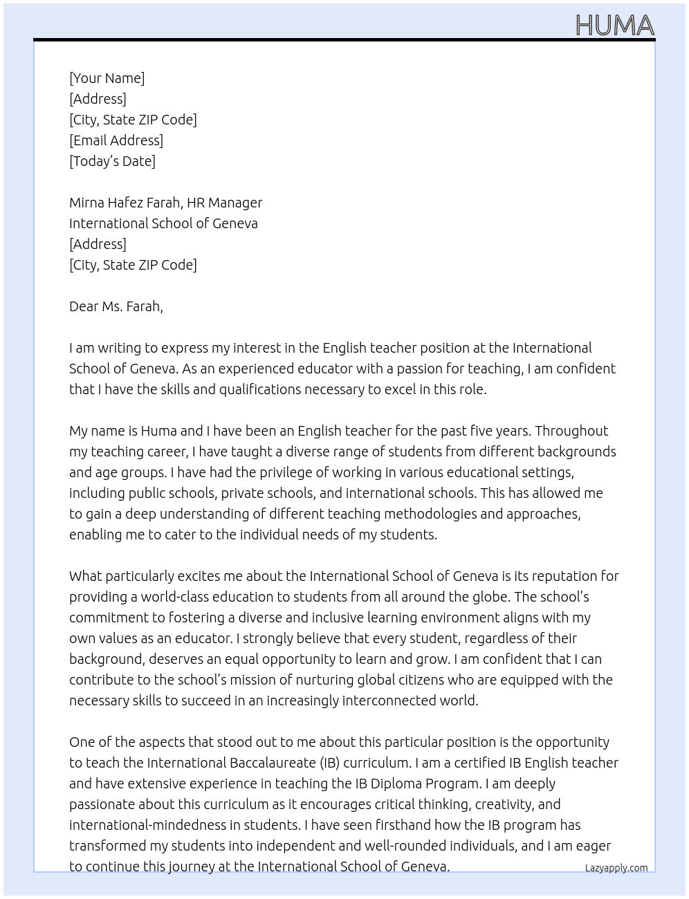 English teacher At International school of geneva Cover Letter