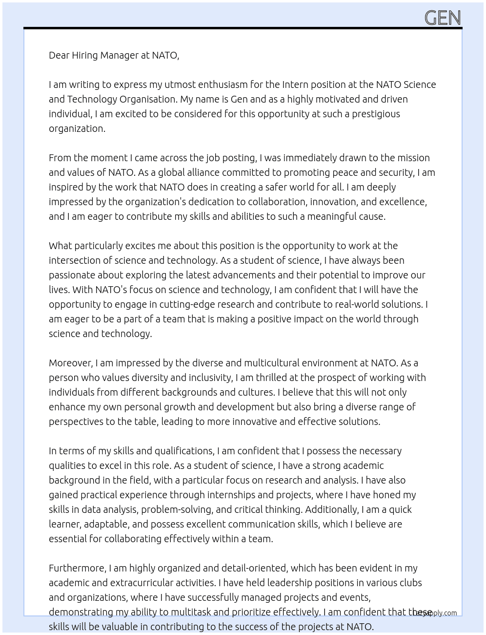 Intern at NATO Science and Technology Organisation At NATO Cover Letter