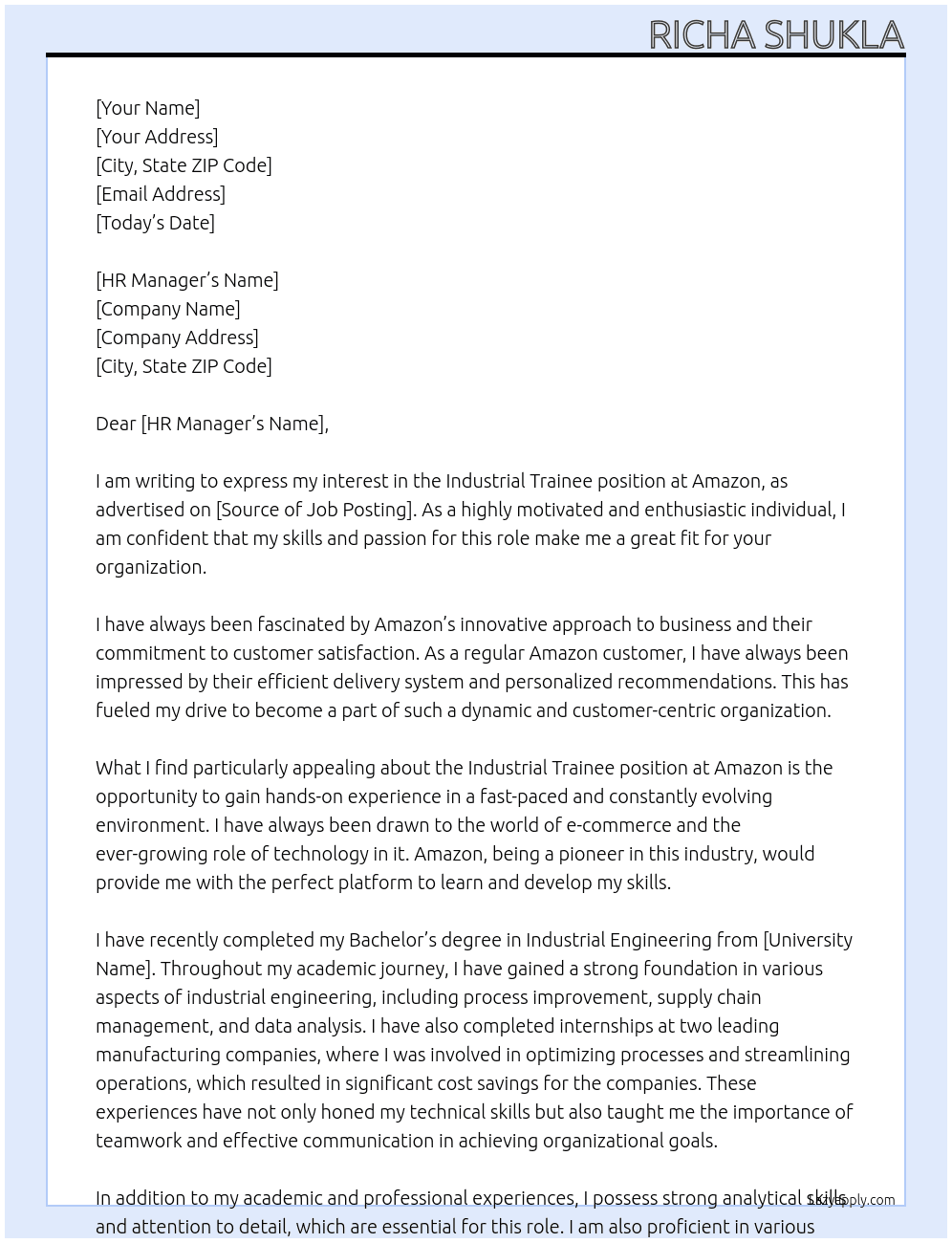 Industrial trainee  At Amazon  Cover Letter