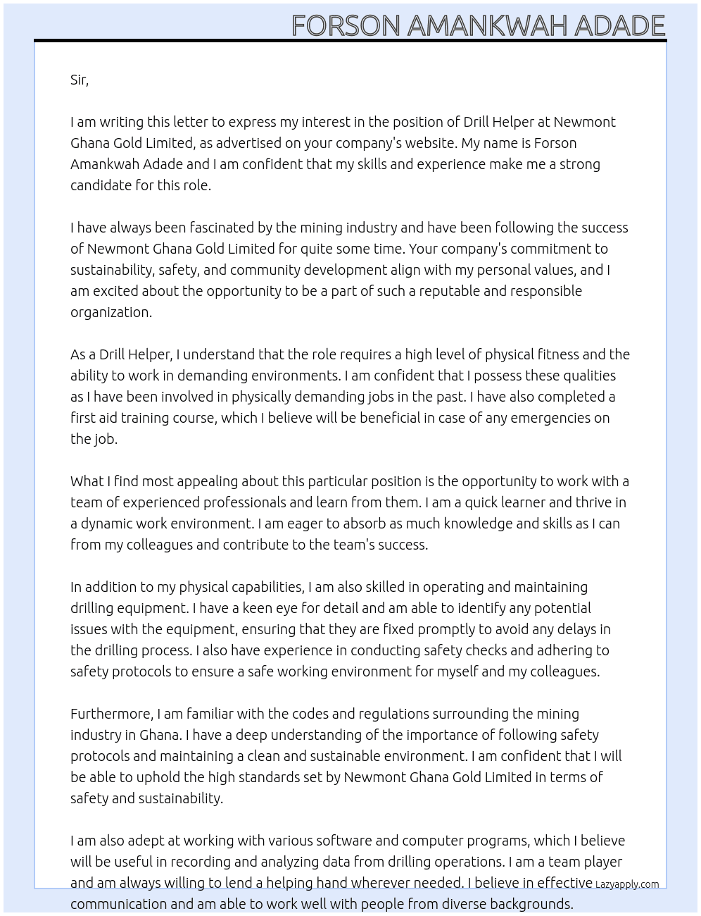 Drill Helper At Newmont Ghana Gold Limited Cover Letter