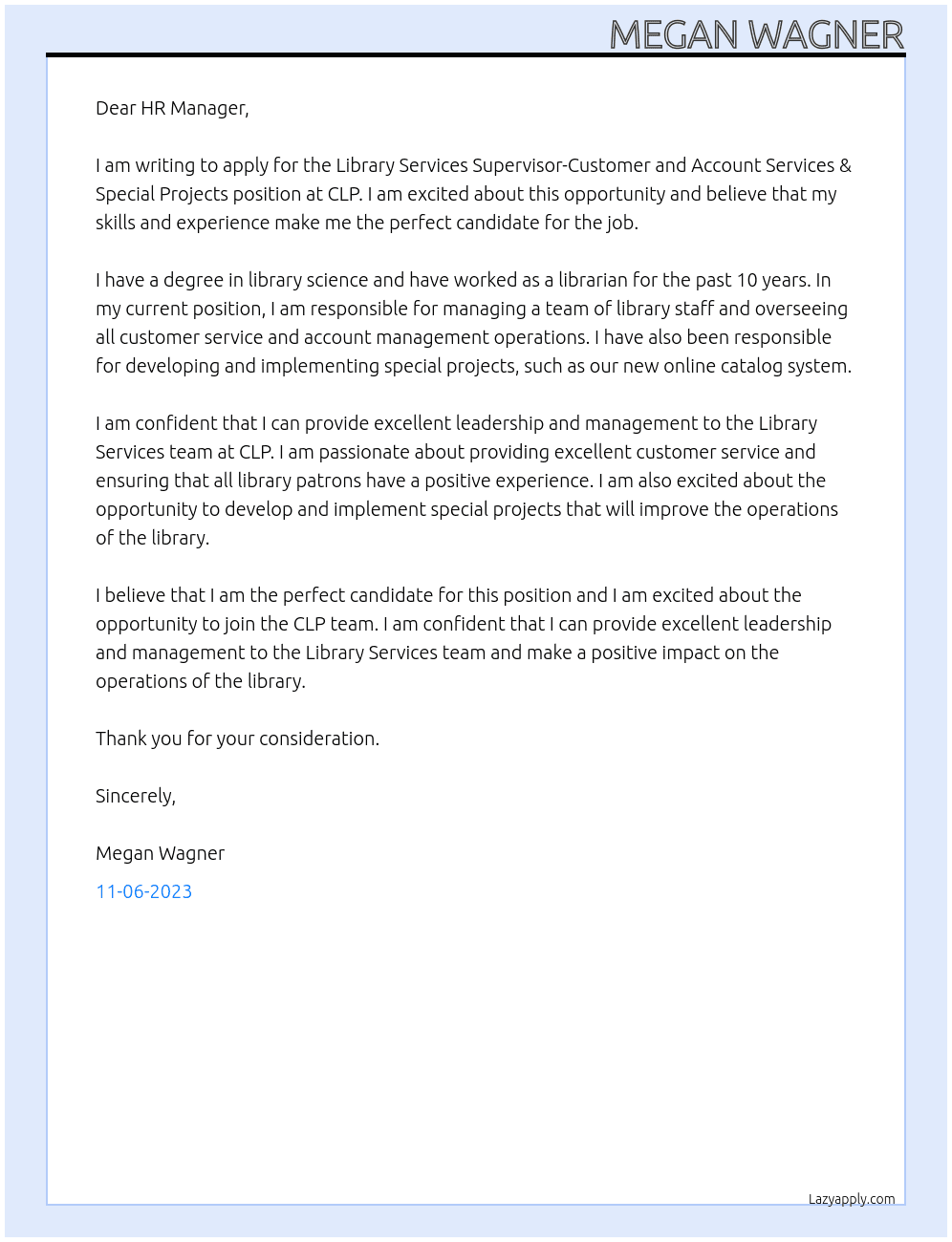  Library Services Supervisor-Customer and Account Services & Special Projects At CLP Cover Letter