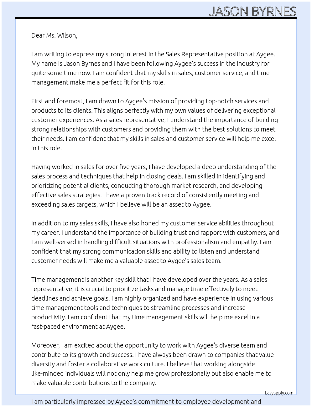 Sales Representative  At Aygee Cover Letter