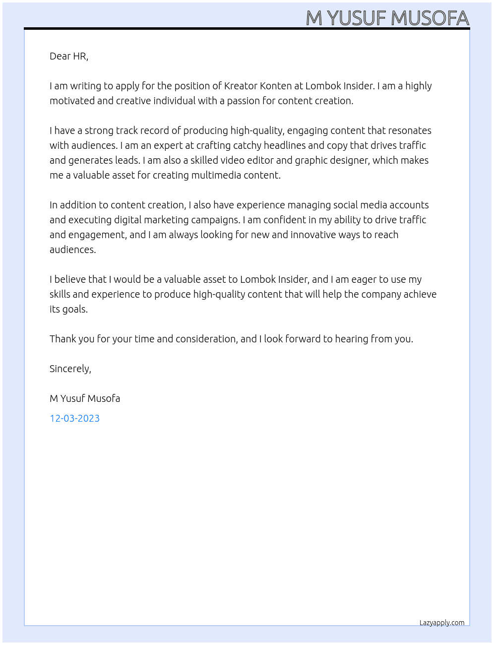 Kreator Konten At Lombok Insider Cover Letter