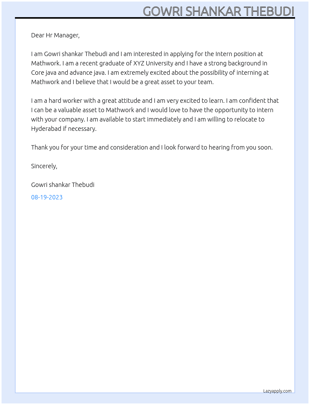 Intern At Mathwork Cover Letter