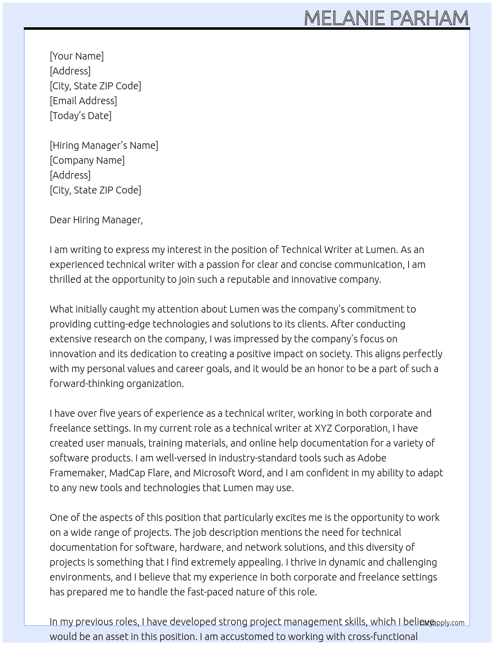 Technical Writer At Lumen Cover Letter