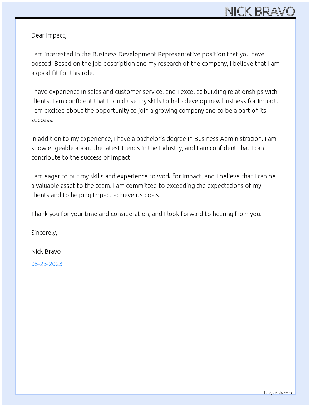 Business Development Representative At Impact  Cover Letter