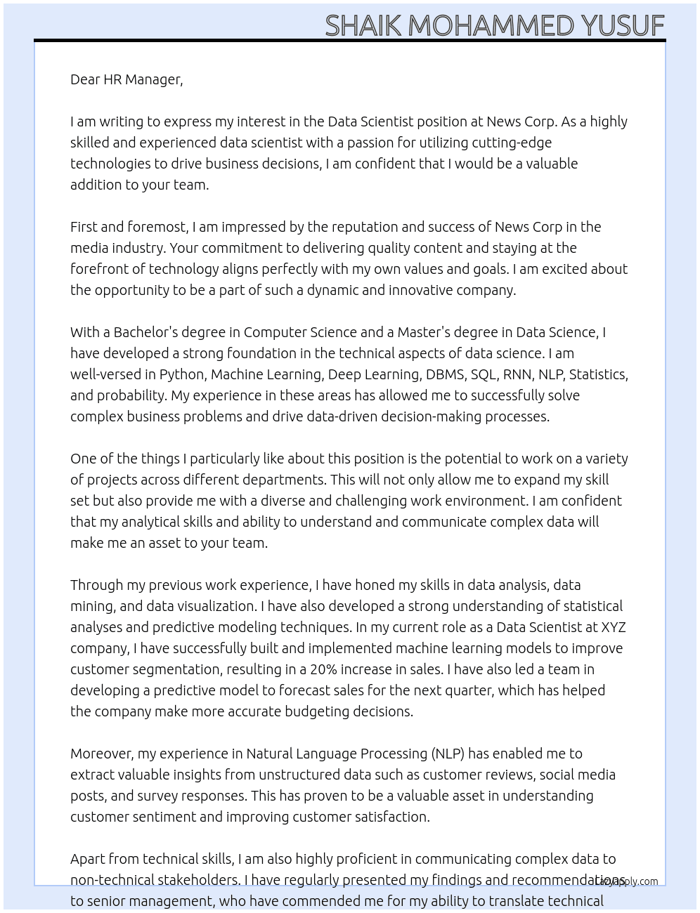 Data Scientist At News corp Cover Letter