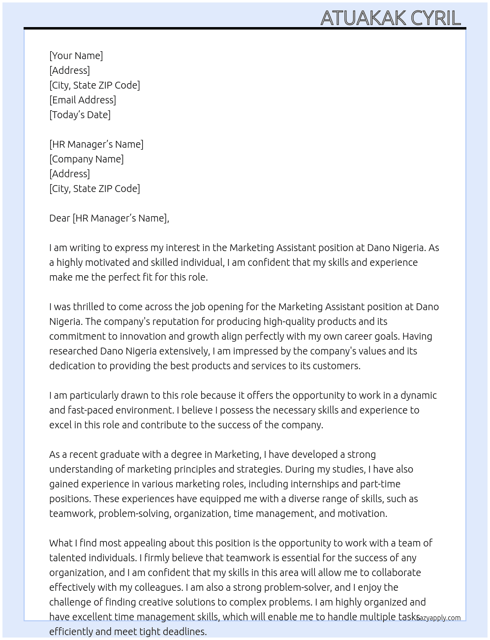Marketing Assistant At Dano Nigeria Cover Letter
