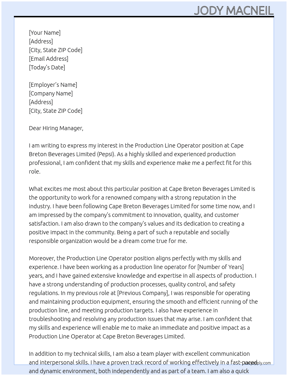 Cover letter for production line operator - LazyApply