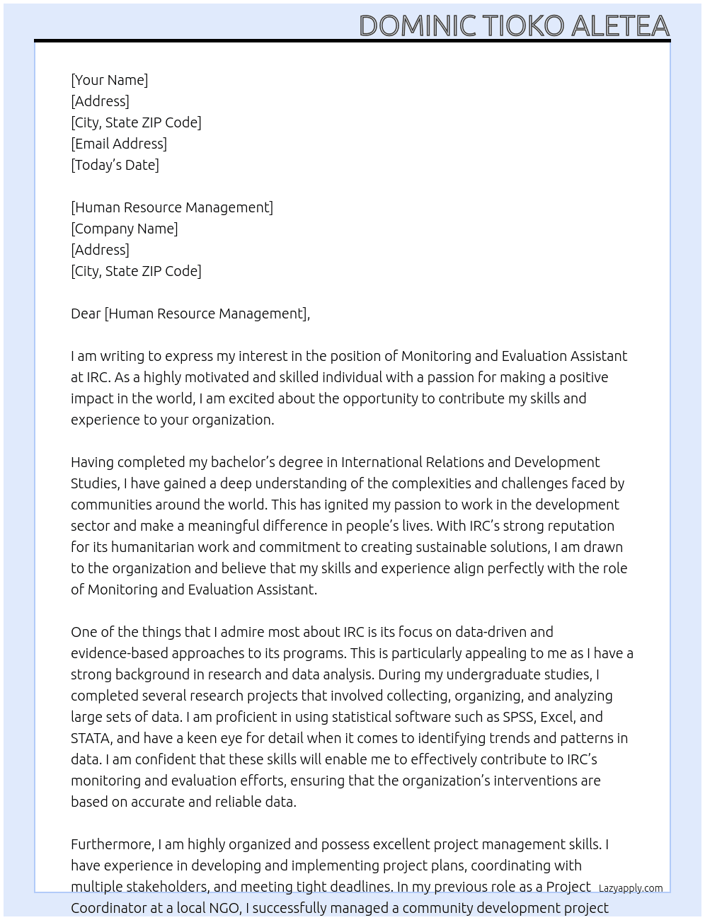 MONITORING AND EVALUATION ASSISTANT At IRC Cover Letter