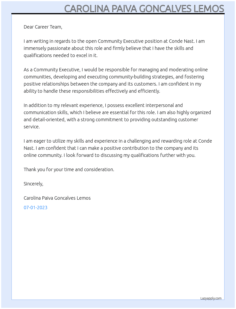 Community Executive At Conde Nast Cover Letter