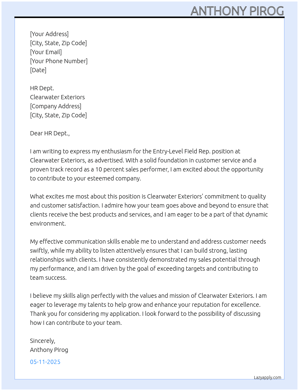 Entry-Level Field Rep. At Clearwater Exteriors Cover Letter