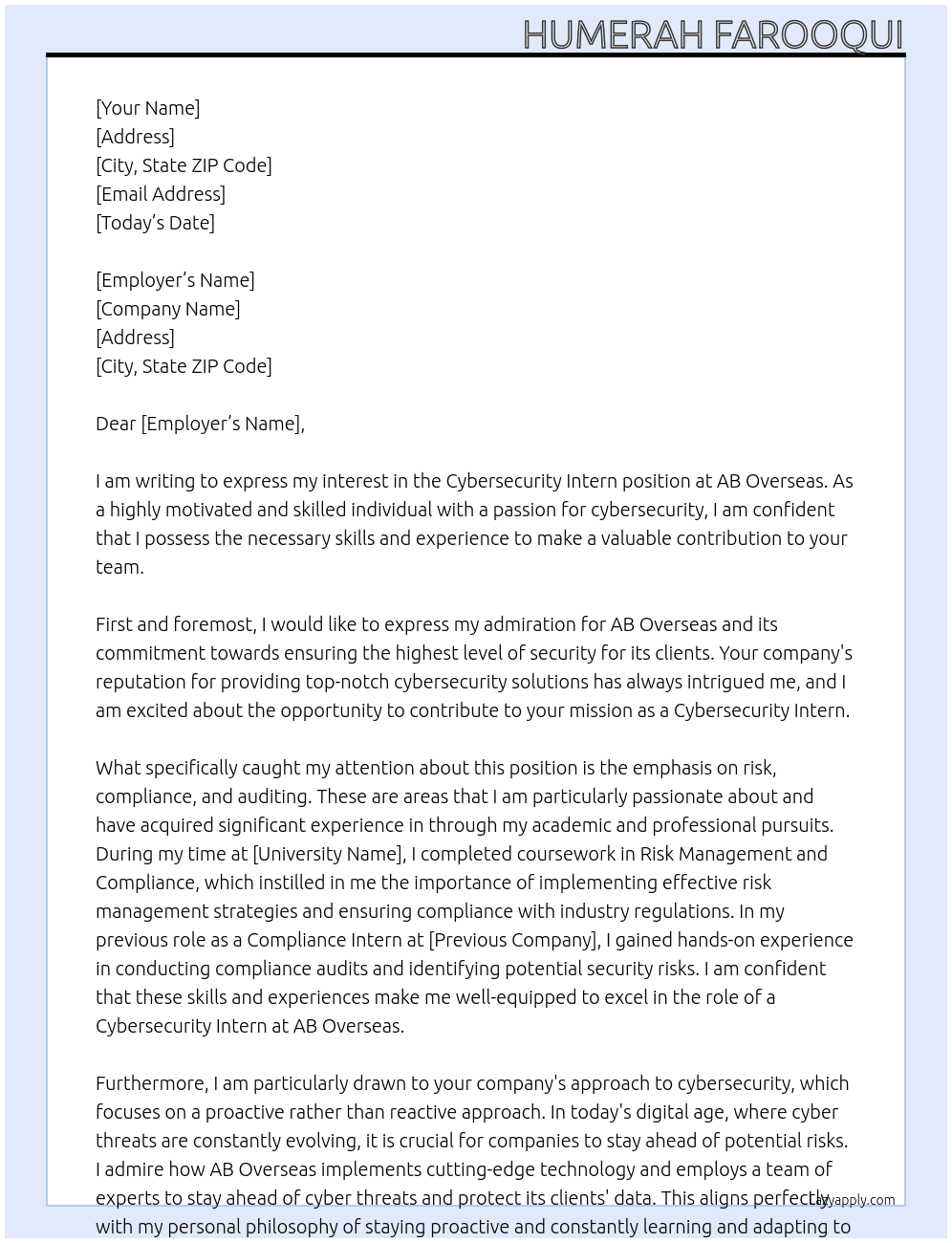 Cybersecurity intern At AB Overseas Cover Letter