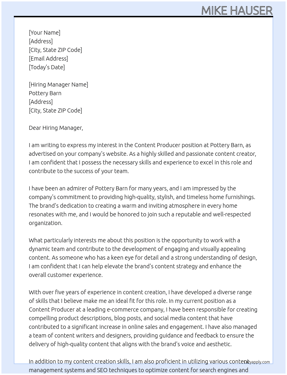 Content Producer At Pottery Barn Cover Letter