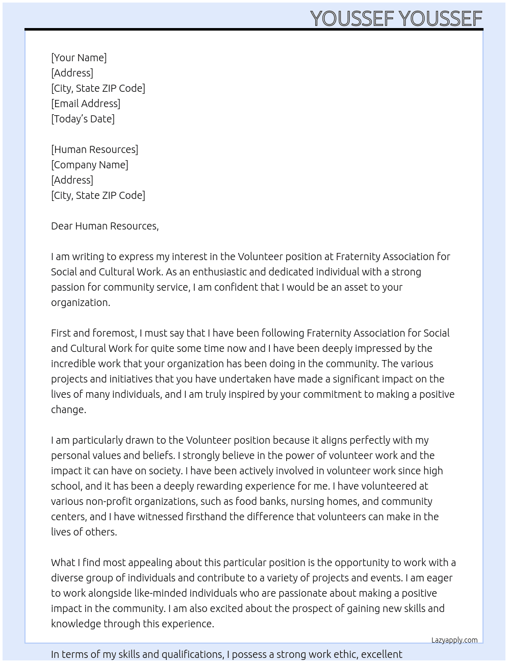 Volunteer At Fraternity Association for Social and Cultural Work Cover Letter