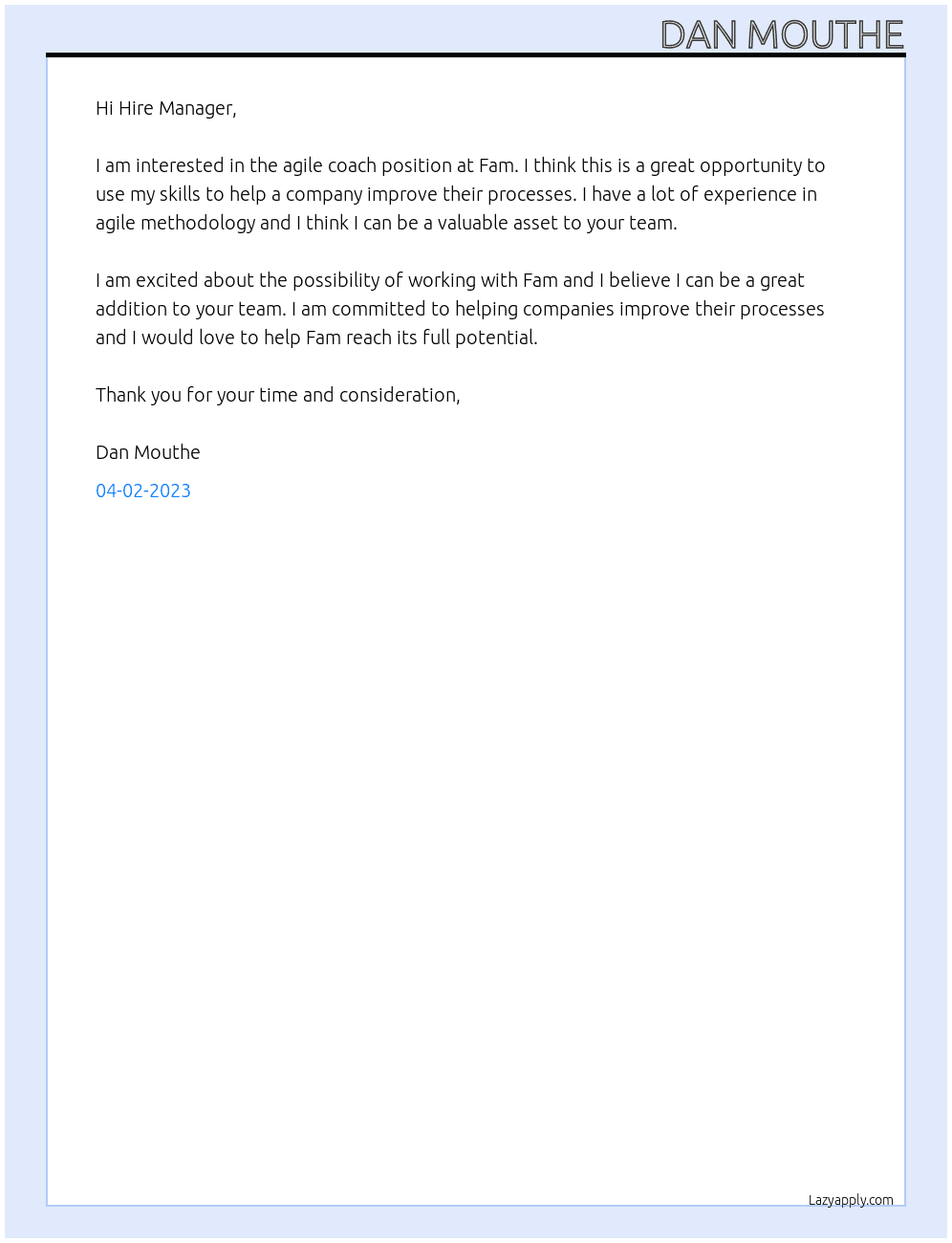 agile coach At Fam Cover Letter