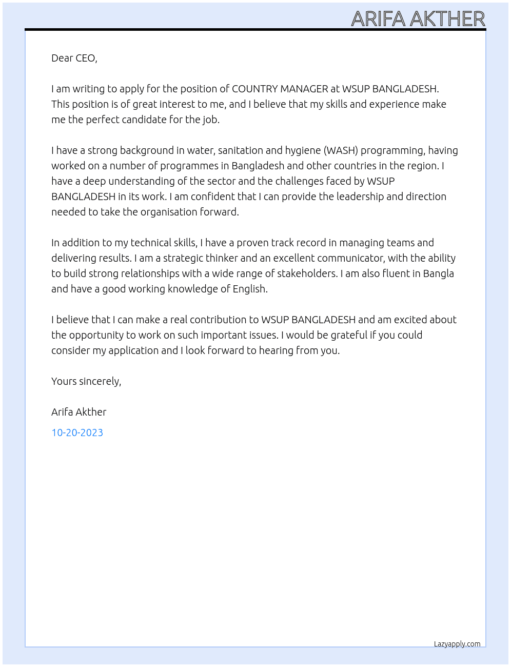 "COUNTRY MANAGER" At WSUP BANGLADESH Cover Letter