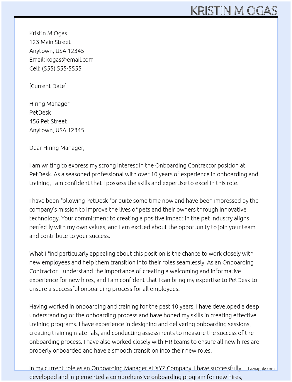 Onboarding Contractor At PetDesk Cover Letter