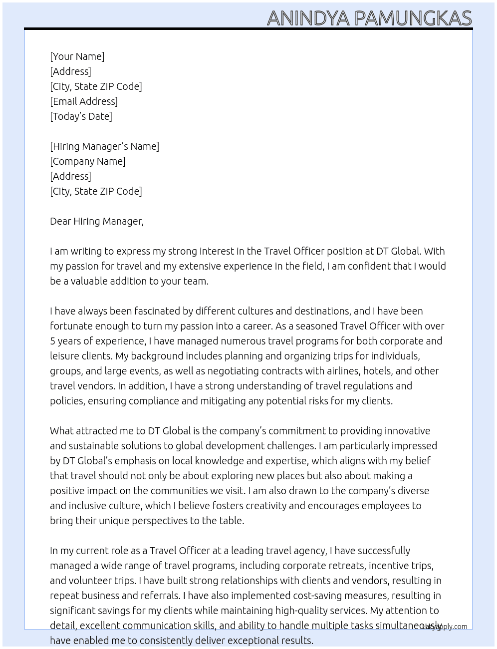 Travel Officer At DT Global Cover Letter