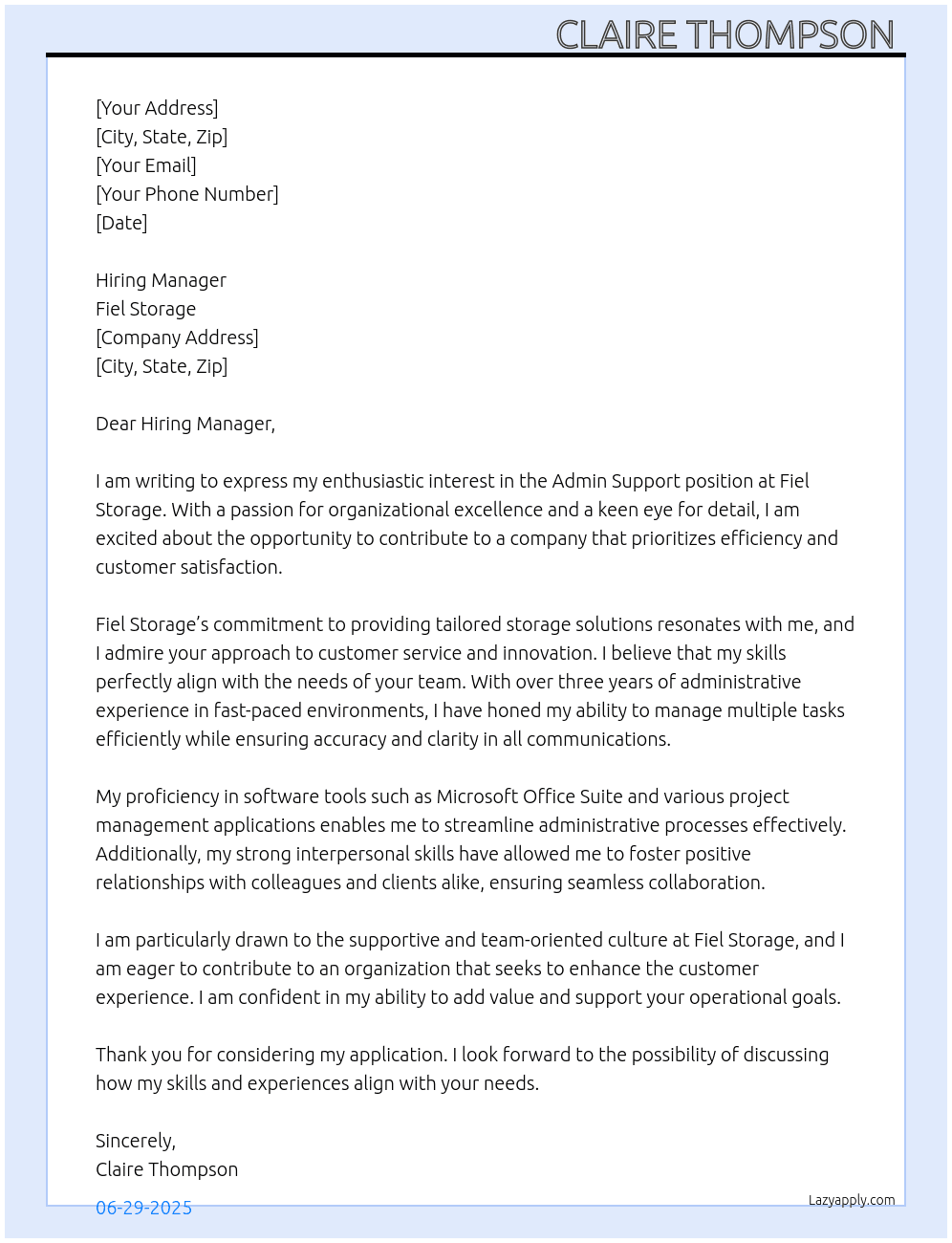 Admin Support At Fiel Storage Cover Letter