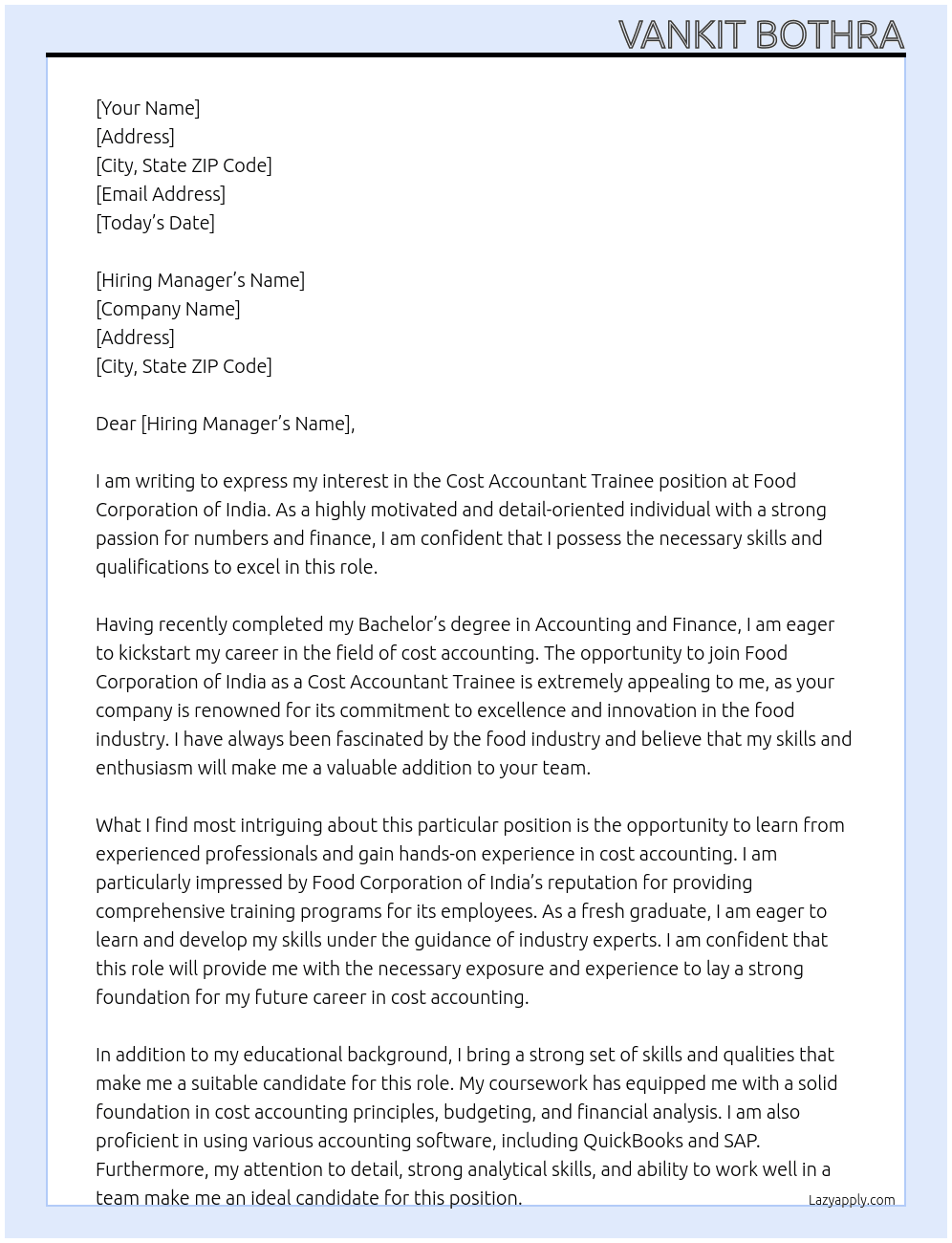 Cost Accountant Trainee At Food Corporation of India  Cover Letter