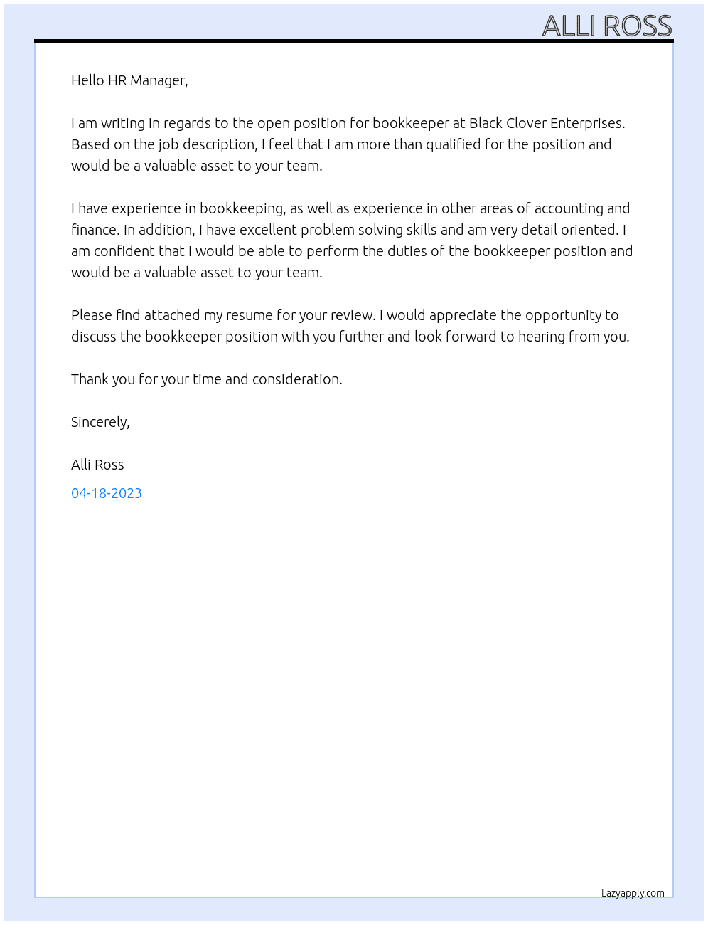 Bookkeeper At Black Clover Enterprises Cover Letter